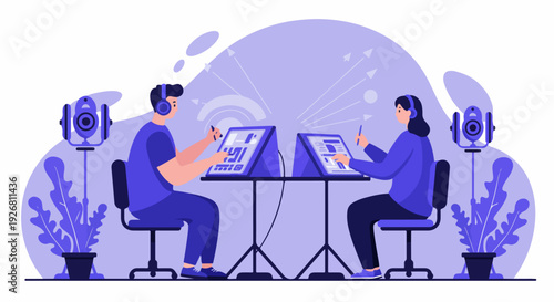 Designers collaborating remotely, illustrating digital creative workflow setup with graphic tablets, headphones, and modern communication.