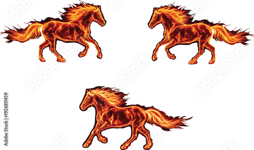 Powerful galloping fire horse stallions made of flames and glowing embers isolated on white background for creative vector design