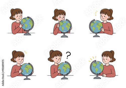 Cute vector set of a girl exploring the world on a globe, expressing different emotions: happy, curious, confused, thoughtful, and discovering.
