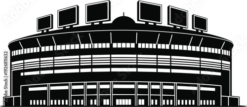 Professional black and white vector silhouette of a massive modern sports stadium building with grand architectural tiers and scoreboard displays