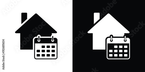 Real estate schedule and rental booking icon. A house silhouette paired with a calendar, symbolizing mortgage payments, property viewing appointments, or project deadlines.