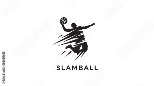 A sleek black silhouette of a Slamball player in mid-air dunk, surrounded by motion lines, against a clean white background.