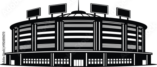 Professional black and white vector silhouette of a massive modern sports stadium building with grand architectural tiers and scoreboard displays