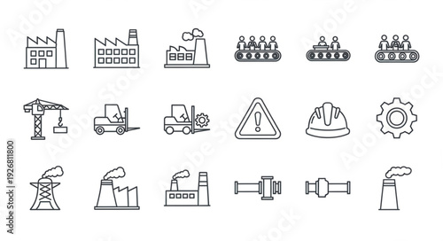 Industrial factory icons representing manufacturing and production processes in a line.