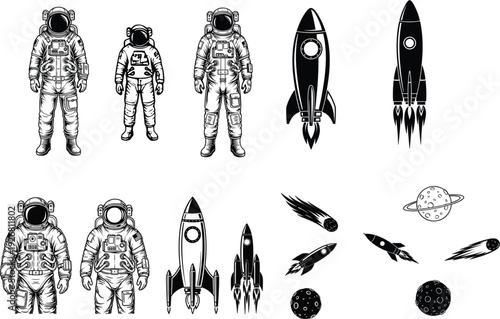 Professional black and white vector silhouette set featuring courageous astronauts rockets spaceships planets and celestial meteors for outer space exploration design