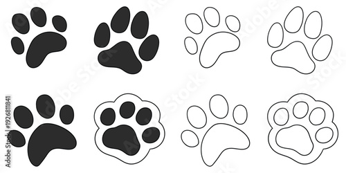 Hand-drawn cartoon and doodle set of paw prints on a white background.