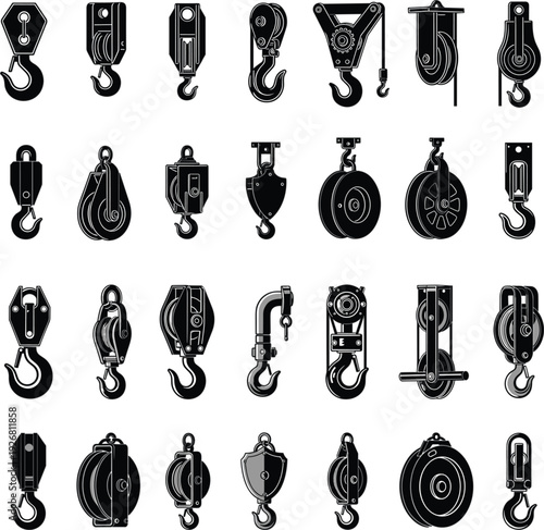 Professional black and white vector silhouette set of industrial lifting hooks and pulley blocks for construction and heavy machinery engineering