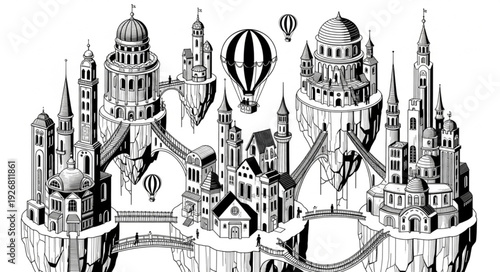 Intricate Black and White Illustration of a Fantasy Cityscape with Floating Islands and Airships.