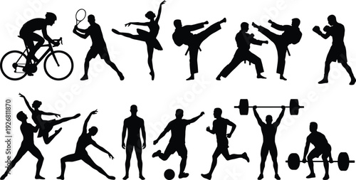 Athlete and sports silhouette collection featuring cycling, tennis, martial arts, running, dancing and weightlifting fitness activities isolated on white background