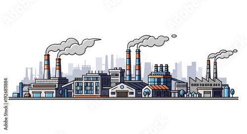 Industrial complex with smokestacks emitting pollution into the atmosphere, cityscape.