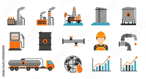 Oil and gas industry icons representing extraction, processing, and transportation of petroleum products.