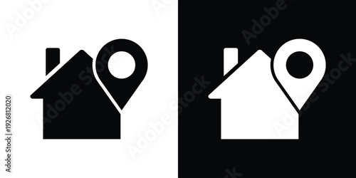 Classic house silhouette with a location map pin. High-quality black and white vector for property positioning, real estate finders, or residential address tracking.