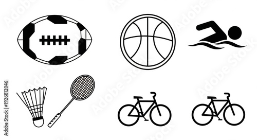 Sports equipment collection including football, basketball, swimming, badminton, and bicycles.