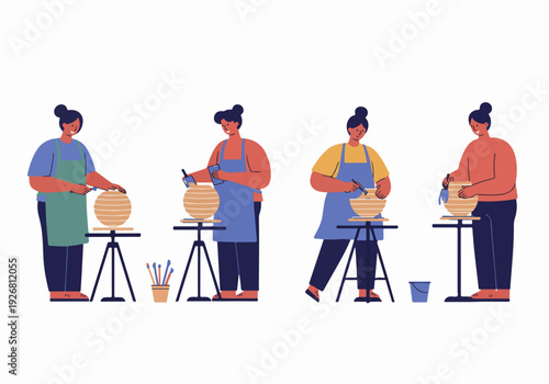 Stylized vector illustration showing the stages of pottery making, featuring four artists hand-building clay vessels.