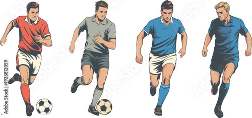 Professional soccer players in action running with footballs set of athletic men playing sports for competitive tournament promotion vector illustration