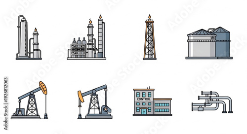 Industrial complex illustration showing various oil and gas industry elements and structures.