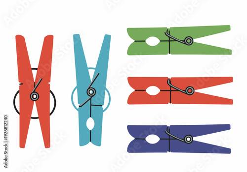 Colorful Plastic Clothespins Vector Illustration Set. Five bright clothes pegs in red, blue, green, and purple for laundry and household chores.