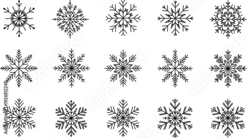 Set of black snowflake vector icons with elegant geometric winter shapes isolated on white background for seasonal holiday design decoration and festive branding projects