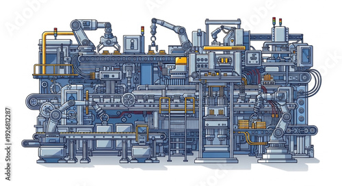 Complex industrial machinery illustration showcasing intricate mechanical components and engineering marvels.