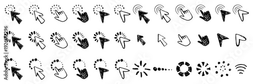 Set of computer mouse pointers. Click and select cursor sketches. Navigation UI icons. Digital pointers isolated on white background.