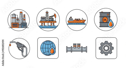 Oil and gas industry icons representing production, transportation, and refining processes.