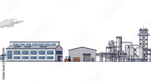 Industrial complex showcasing manufacturing facilities and processing plants with chimneys.