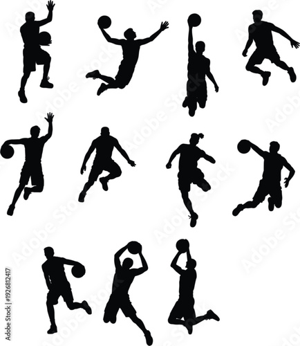 Professional basketball players silhouettes in action jumping dunking and dribbling set of athletic male figures for sports competition graphic design