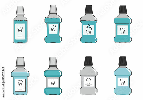 Collection of flat design mouthwash bottles icons. Dental rinse products for oral hygiene, clean teeth, and fresh breath illustration.