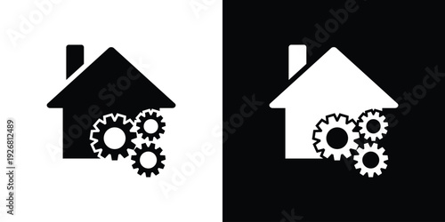 House icon with a mechanical gear symbol. Ideal for smart home configuration, property maintenance, home automation settings, and repair services. Minimalist black and white vector design.