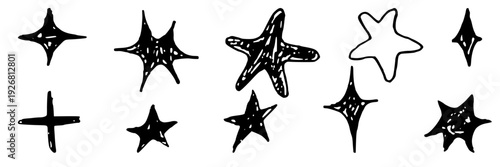 Set of decorative star doodles. Sparkle and shine icons. Celestial night sketches. Hand drawn stars isolated on white background.