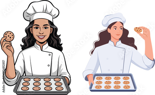 Smiling Professional Female Pastry Chef Wearing White Uniform and Hat Holding Baking Sheet with Fresh Chocolate Cookies Flat Vector Illustration Isolated on White Background