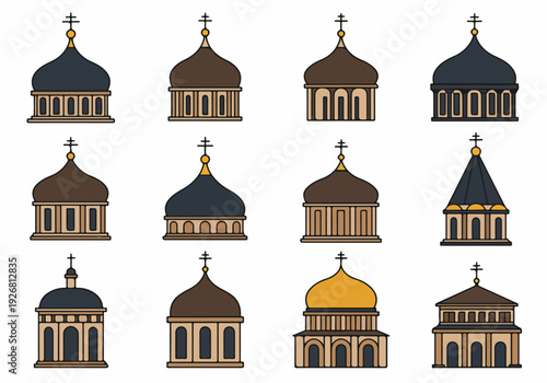 Collection of flat line icons showing various styles of Orthodox church domes, cupolas, and architectural elements featuring the traditional crosses, isolated on white.