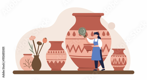 Expert inspecting antique terracotta pottery using a magnifying glass, focusing on archaeology, historical preservation, appraisal, and ancient art examination.