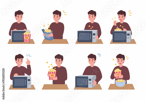 A person preparing and eating popcorn at home, cartoon flat vector sequence.