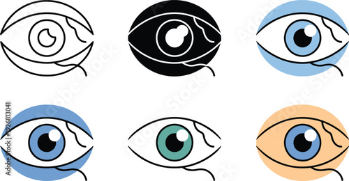 Human eye icon set in flat and line art styles, 6 medical ophthalmology eye symbols, vision health and optometry vector illustrations