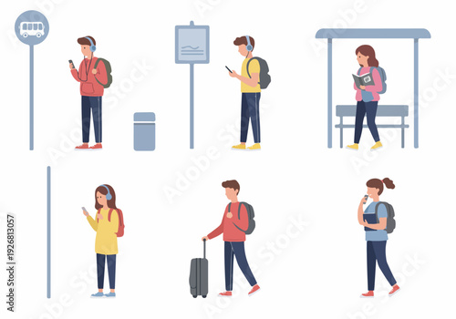 Set of young people waiting at bus stops or transport hubs, using mobile phones, reading, and traveling with backpacks and luggage.