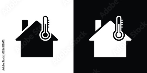 Smart home climate control icon with a house and a thermometer symbol. Ideal for representing HVAC systems, temperature monitoring, weather tracking, and residential heating/cooling.