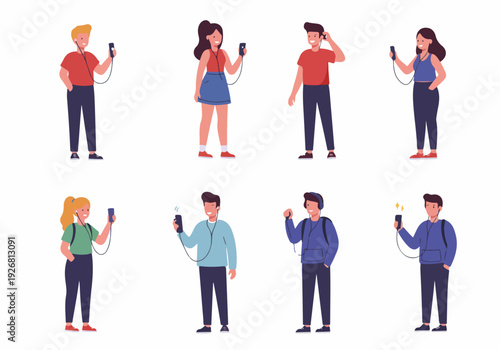 Group of diverse young adults listening to music or podcasts on mobile phones using wired earbuds, isolated vector flat illustration.