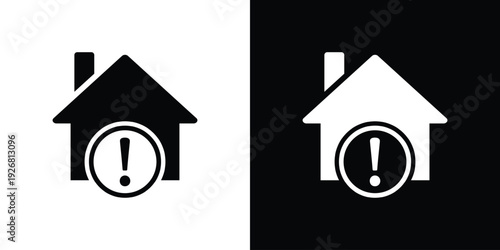 Residential warning alert icon with a house and exclamation mark symbol. Signifies home security notification, property maintenance emergency, or important real estate notice in flat style.