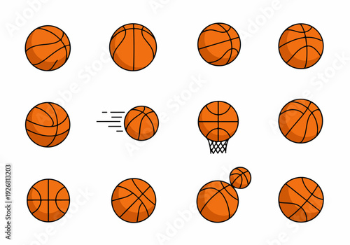 Vector icon set of basketballs showing different perspectives, motion, and a shot going through the hoop, isolated on white background.