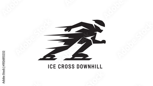 A sleek black silhouette of an ice cross downhill skater in motion, with bold graphic elements and text 'ICE CROSS DOWNHILL' on a clean white background.