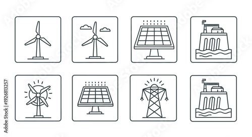 Renewable energy line icon set featuring wind turbine, solar panel, power grid tower and sustainable electricity symbols in minimal outline style. Clean editable stroke vector illustration designed fo