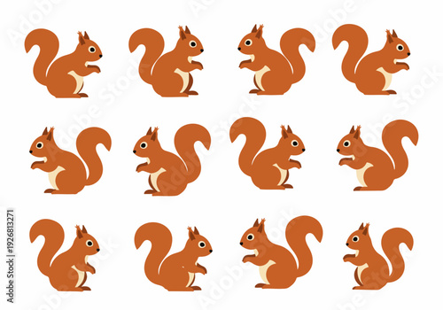 Repeating pattern of flat design red squirrels isolated on white background, a collection of cute vector wildlife illustrations.