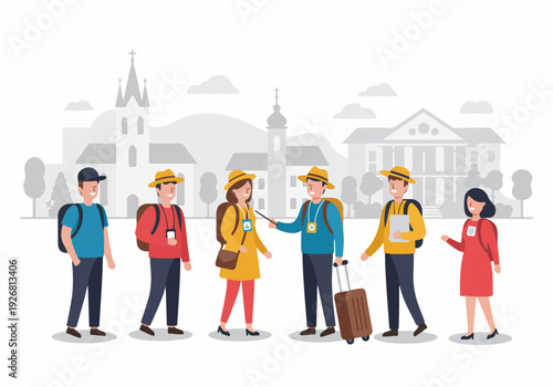 Flat illustration of a guided sightseeing group exploring a historic European city landmark with bags and luggage.