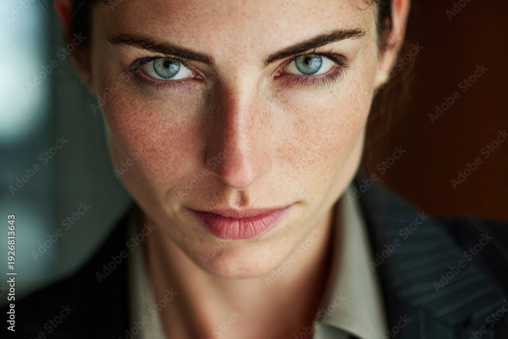 Obraz premium Close up portrait of confident woman with blue eyes and freckles looking at camera, natural light highlighting facial features and serious expression in professional attire.