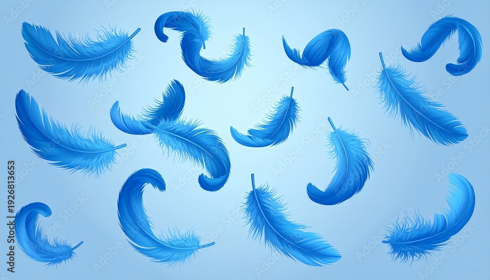 Fototapeta premium Floating blue feathers, light gradient background, artistic design symbolizing lightness, freedom and motion theme