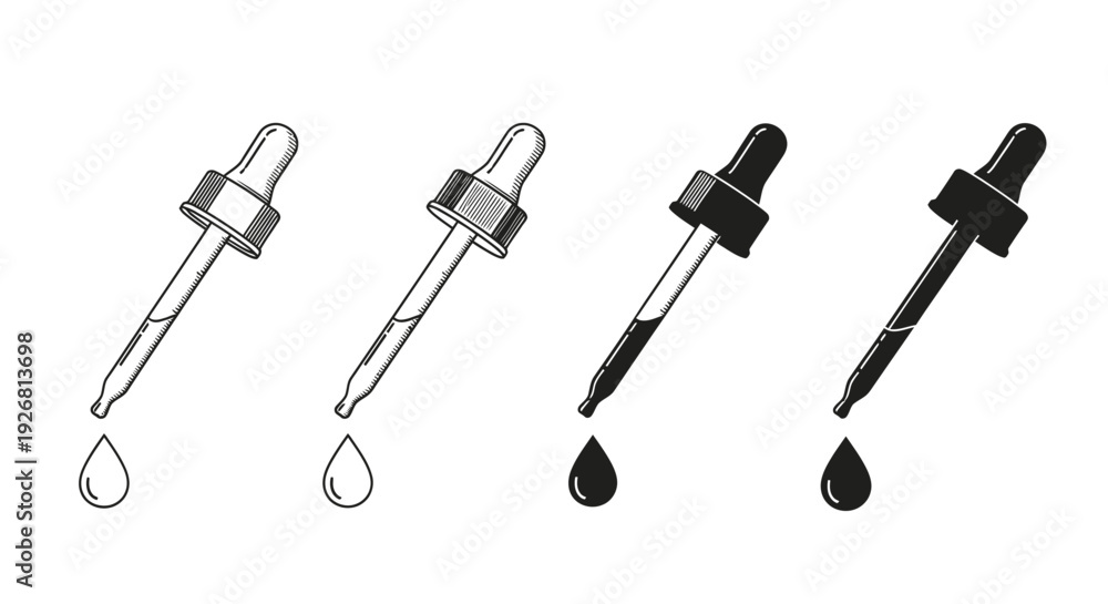Naklejka premium Four dropper pipettes with single drops of liquid on white background