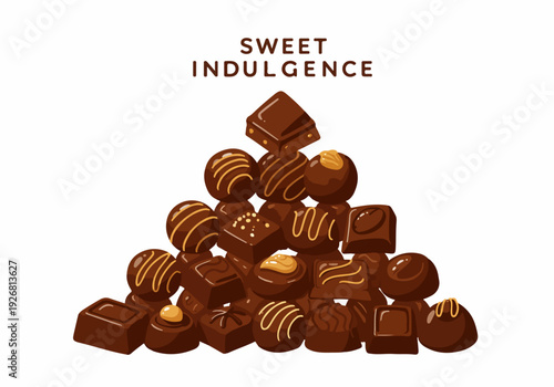 Vector stack of assorted chocolate pralines and truffles, featuring decorative toppings and the text "Sweet Indulgence" above.