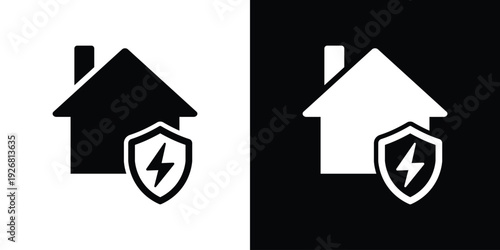 Home electrical safety icon showing a house with a lightning bolt inside a shield. Represents surge protection, electrical security, power safety, and residential utility insurance.