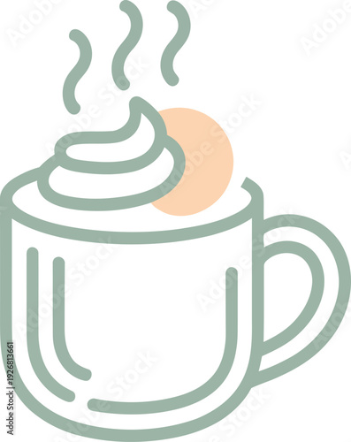 Minimalist hot chocolate mug with whipped cream and steam, cozy winter beverage line art, pastel coffee cup vector illustration for cafe menus
